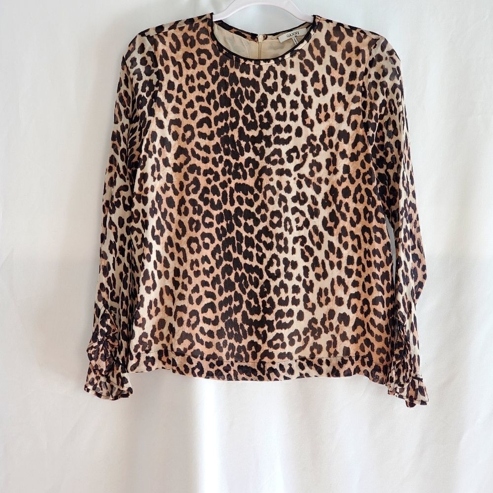 Ganni Mullin Georgette Animal Print Blouse - Size 36